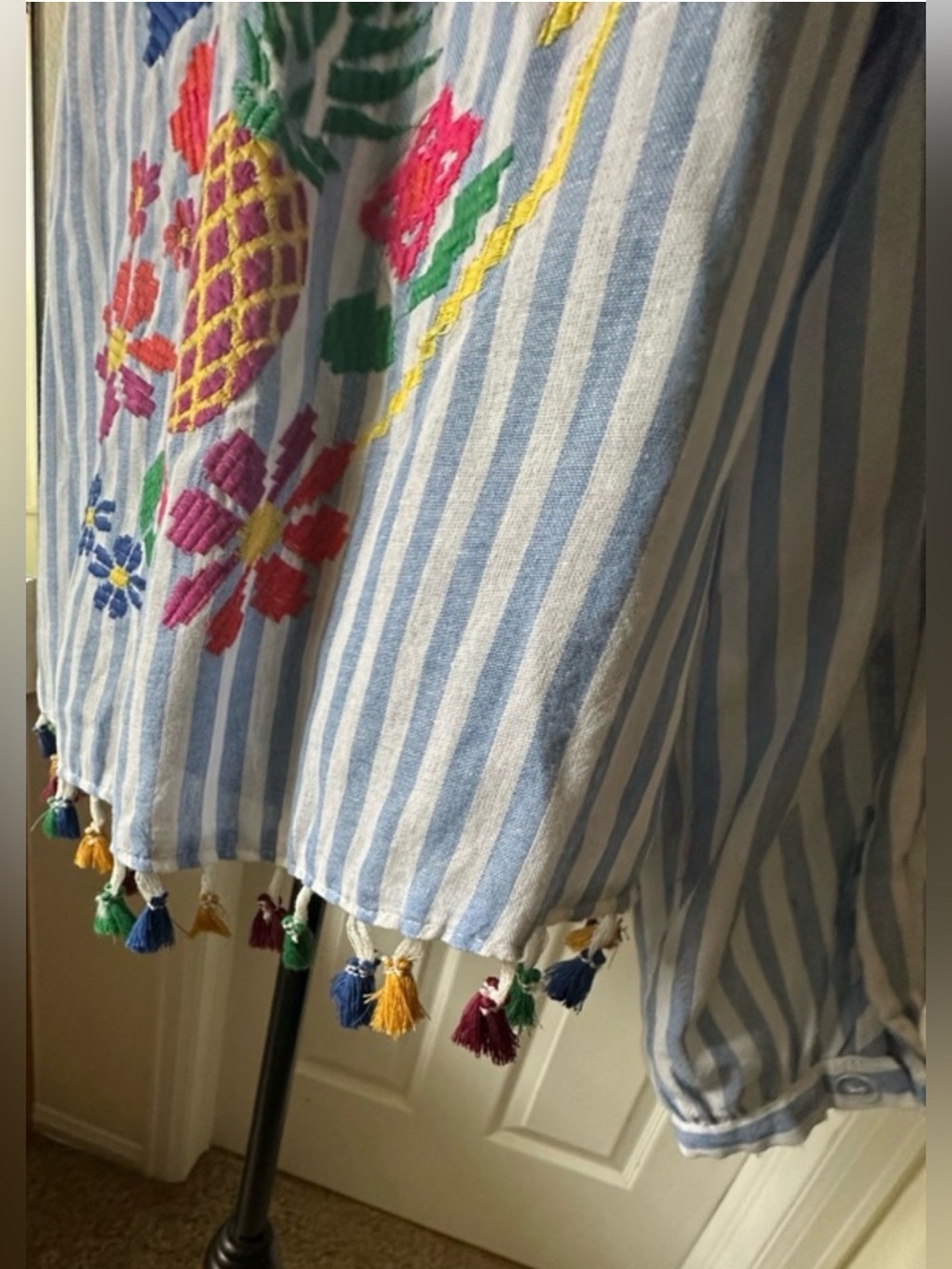 Zara Blue White Striped Embroidered Tassel Peasant Blouse Size M - Picture 8 of 15